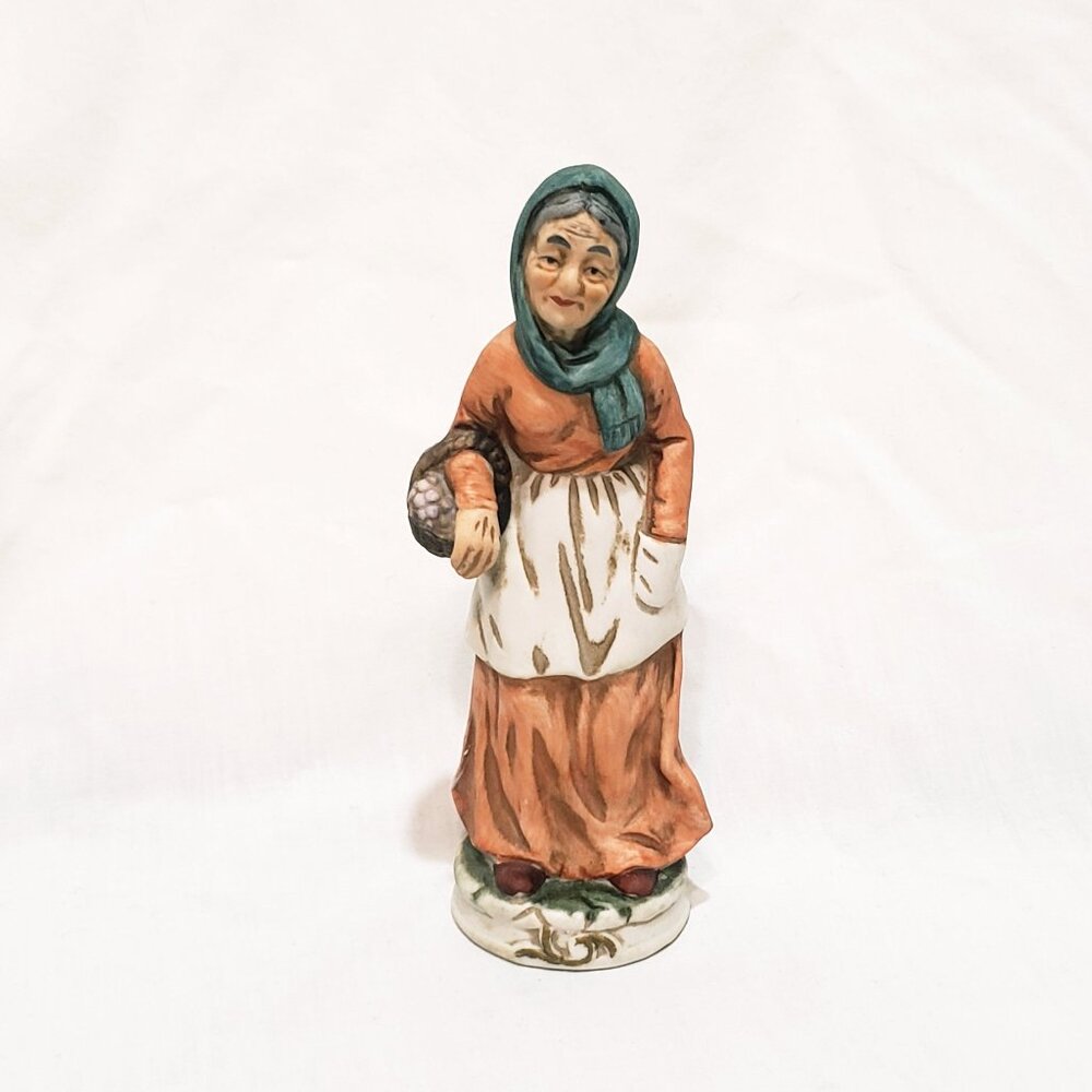Old Woman With Basket Figurine 6.5" Hand painted Ceramic Bisque